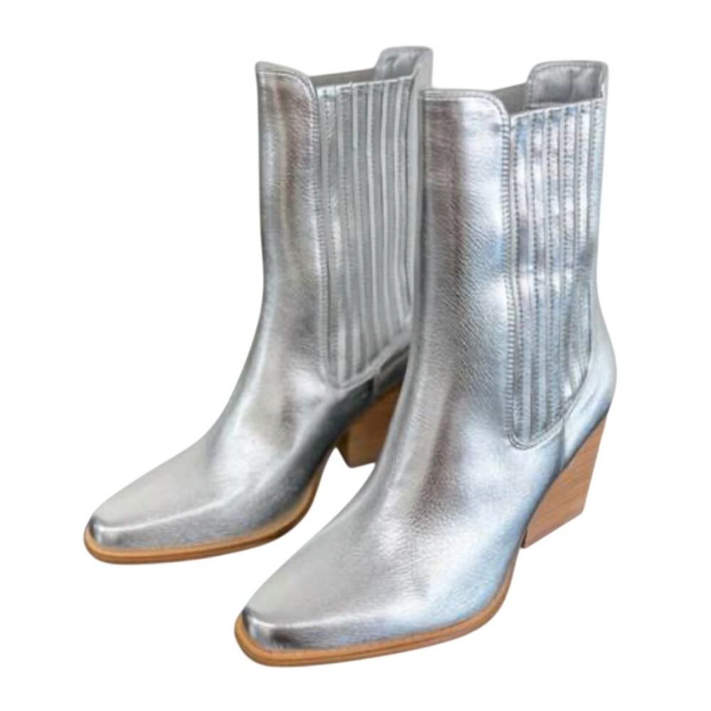 CHINESE LAUNDRY Cali Midi Boots SILVER METALLIC VEGAN LEATHER Western Style 7.5